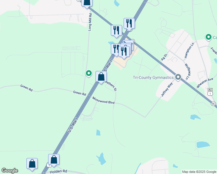map of restaurants, bars, coffee shops, grocery stores, and more near 140 Weathers Street in Youngsville