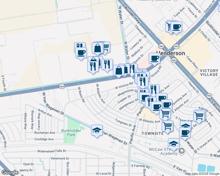 map of restaurants, bars, coffee shops, grocery stores, and more near 129 West Lake Mead Parkway in Henderson