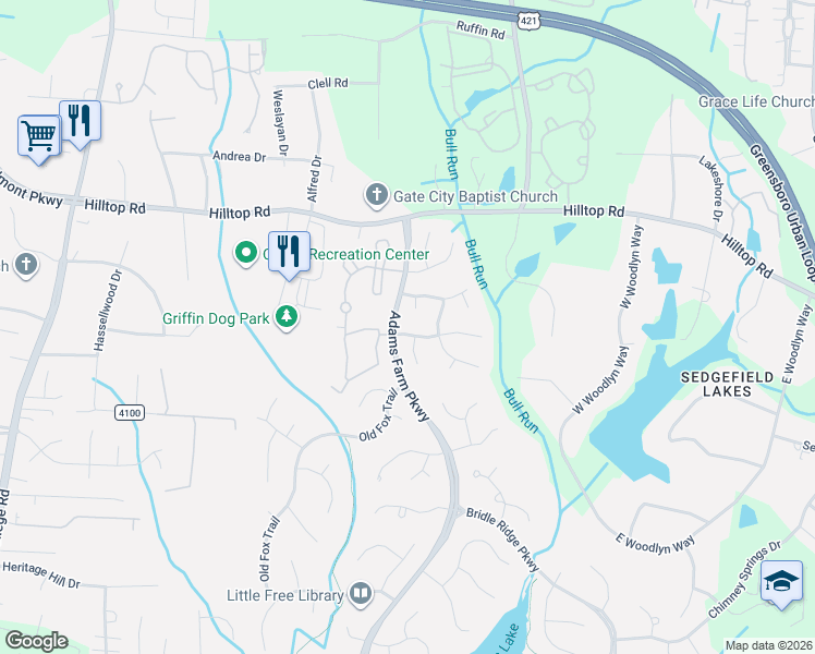 map of restaurants, bars, coffee shops, grocery stores, and more near 4 Coopers Ridge Court in Greensboro