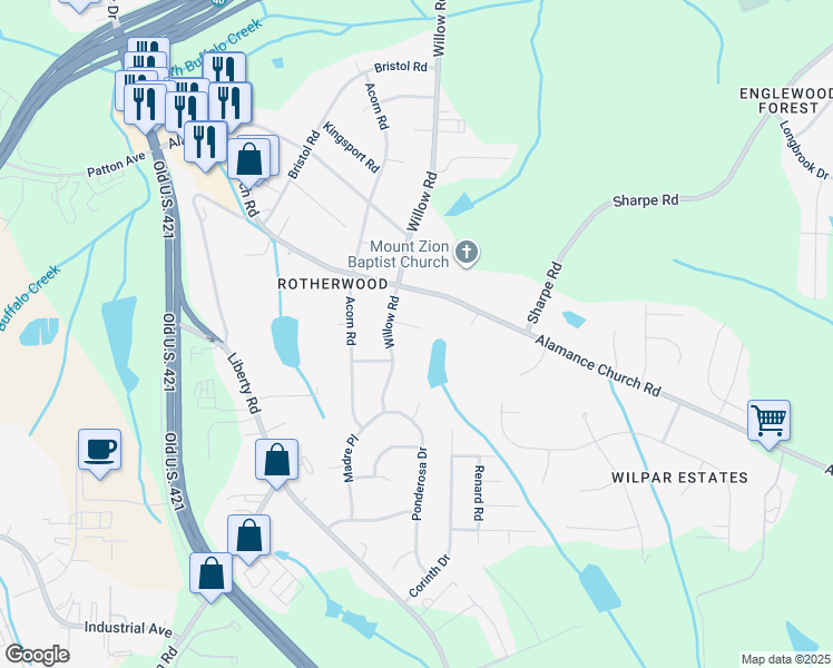 map of restaurants, bars, coffee shops, grocery stores, and more near 1308 Cartwright Drive in Greensboro