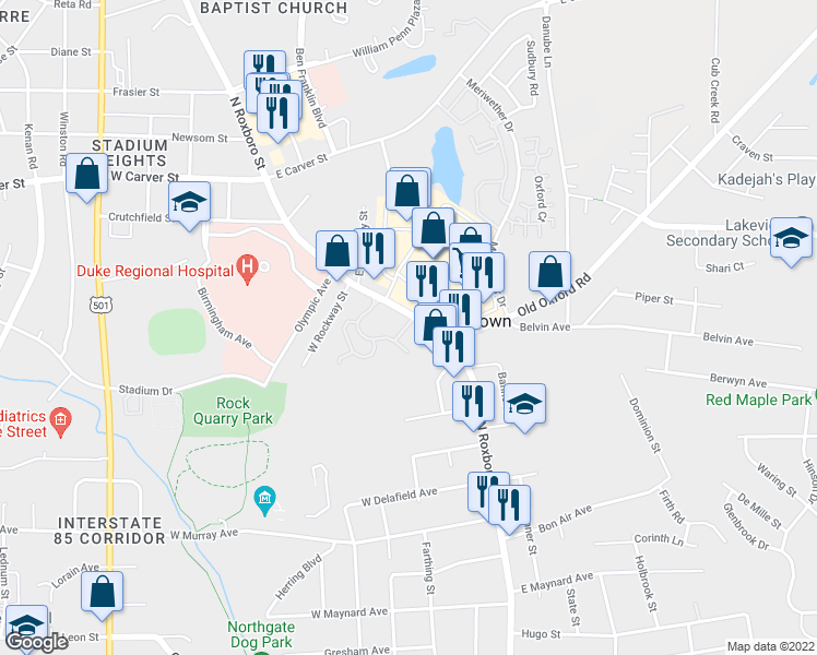 map of restaurants, bars, coffee shops, grocery stores, and more near 3481 North Roxboro Street in Durham