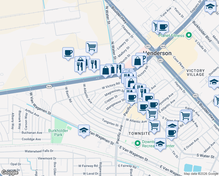 map of restaurants, bars, coffee shops, grocery stores, and more near 104 West Victory Road in Henderson