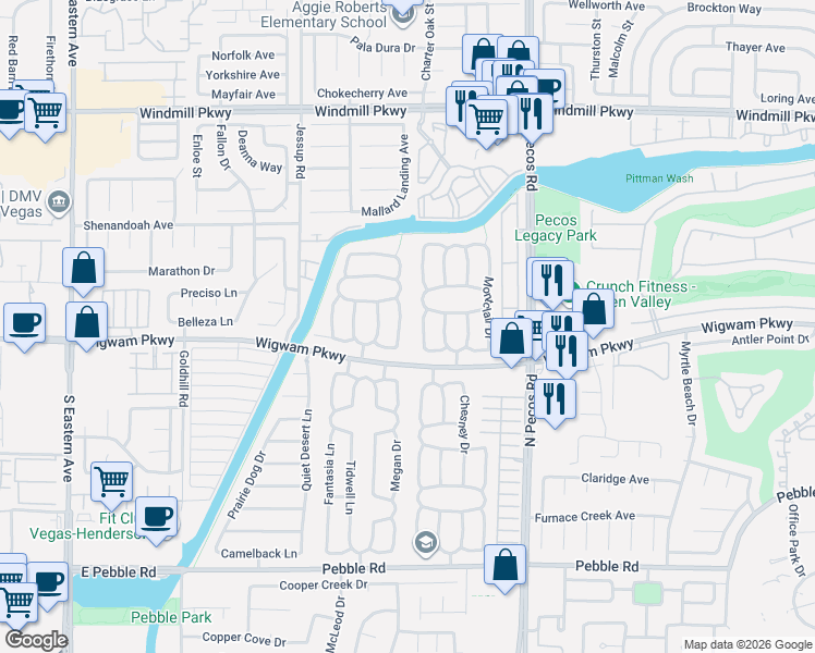 map of restaurants, bars, coffee shops, grocery stores, and more near 133 Wynntry Drive in Henderson
