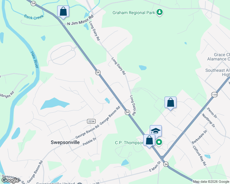 map of restaurants, bars, coffee shops, grocery stores, and more near 2202 North Carolina 54 in Graham