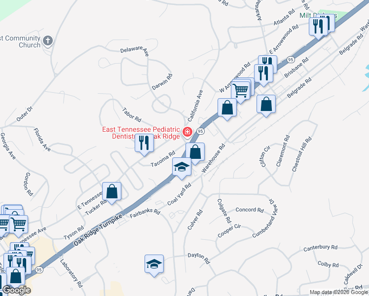 map of restaurants, bars, coffee shops, grocery stores, and more near 91 California Avenue in Oak Ridge