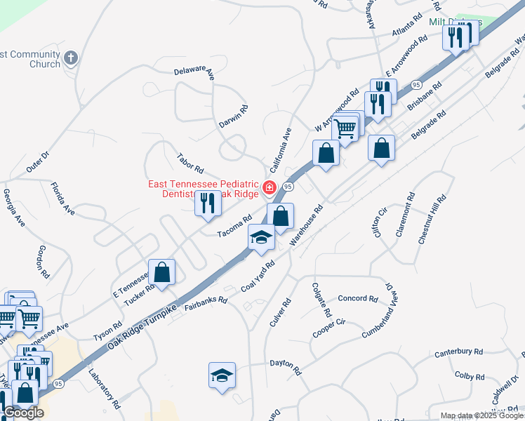 map of restaurants, bars, coffee shops, grocery stores, and more near 91 California Avenue in Oak Ridge