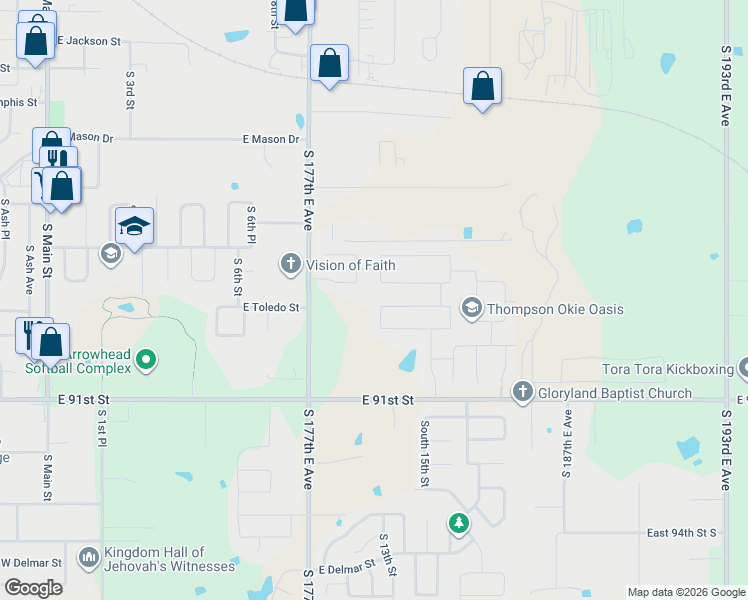 map of restaurants, bars, coffee shops, grocery stores, and more near 1712 South 12th Street in Broken Arrow