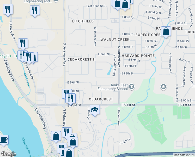 map of restaurants, bars, coffee shops, grocery stores, and more near 3119 East 88th Street in Tulsa