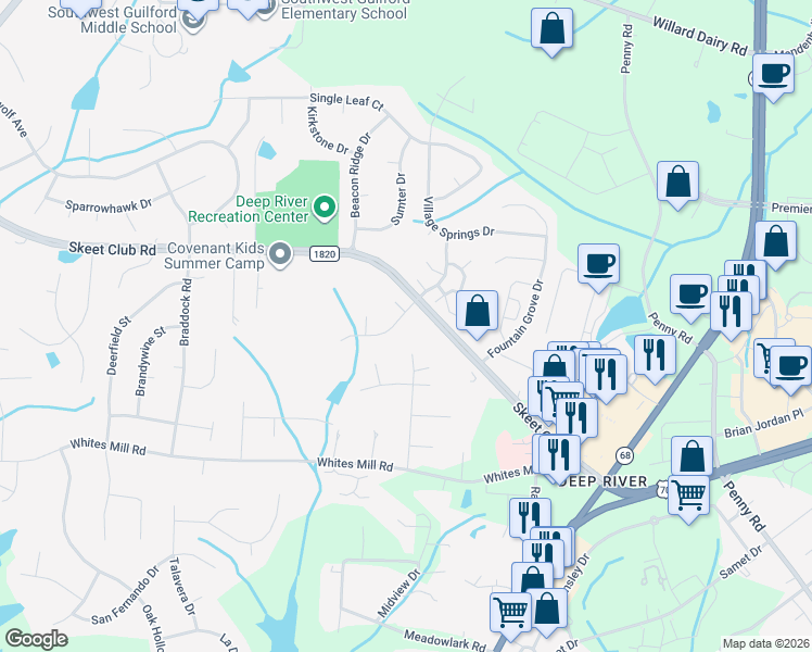 map of restaurants, bars, coffee shops, grocery stores, and more near 4132 Birchgarden Drive in High Point