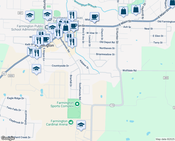 map of restaurants, bars, coffee shops, grocery stores, and more near 207 Killdeer Drive in Farmington