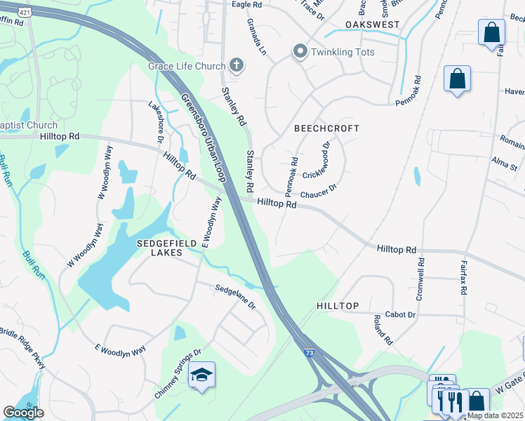 map of restaurants, bars, coffee shops, grocery stores, and more near 4704 Pennoak Lane in Greensboro