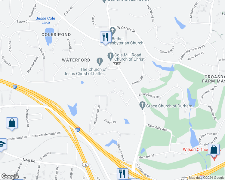 map of restaurants, bars, coffee shops, grocery stores, and more near 101 Hay Sedge Court in Durham