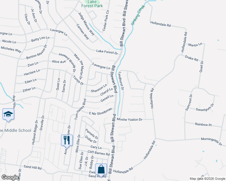 map of restaurants, bars, coffee shops, grocery stores, and more near 209 Bill Stewart Boulevard in La Vergne