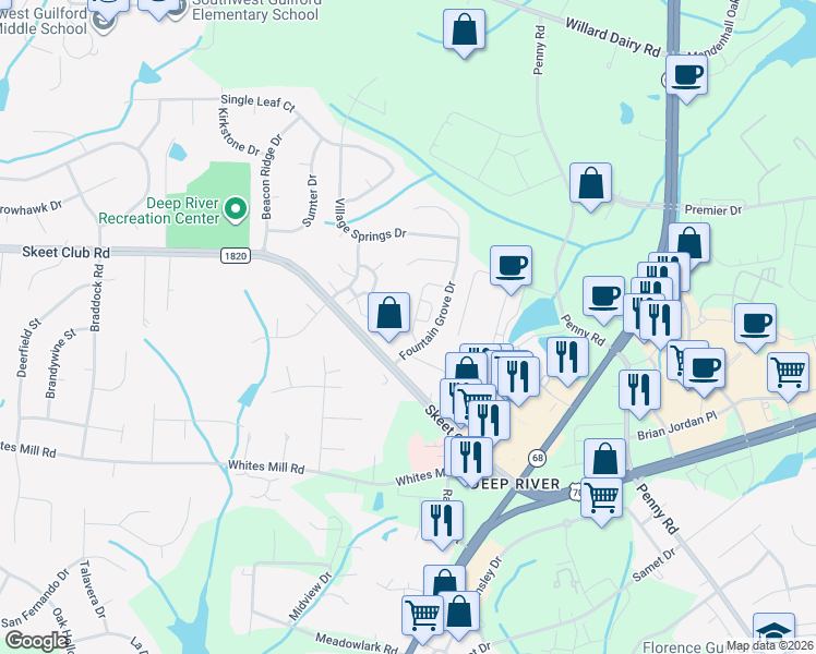 map of restaurants, bars, coffee shops, grocery stores, and more near 3915 Fountain Village Lane in High Point