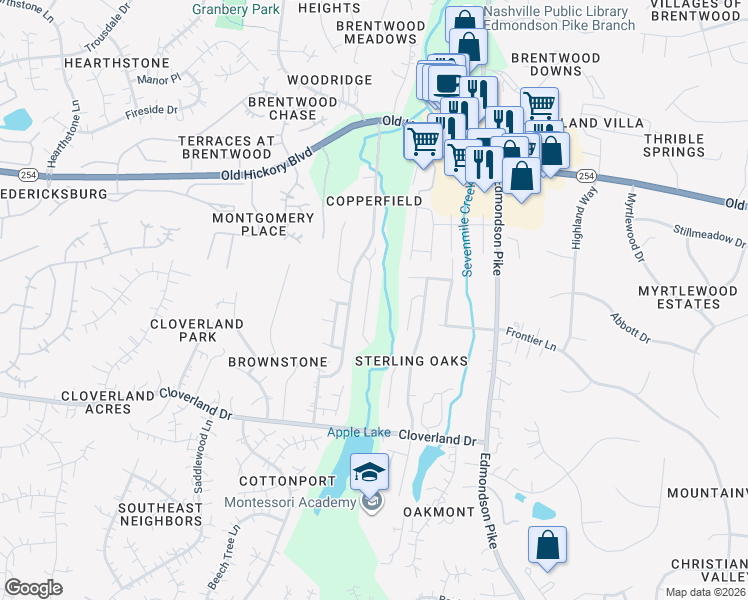 map of restaurants, bars, coffee shops, grocery stores, and more near 49 Nickleby Down in Brentwood