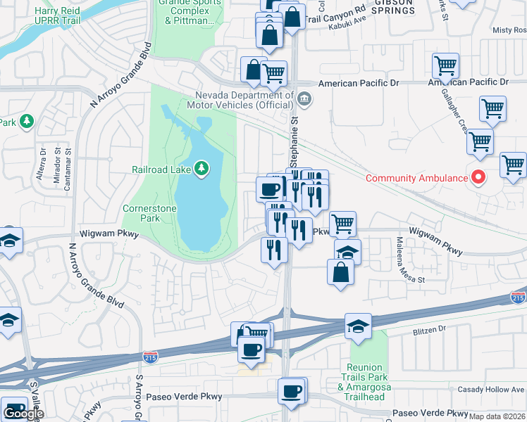 map of restaurants, bars, coffee shops, grocery stores, and more near 1445 Stonelake Cove Avenue in Henderson