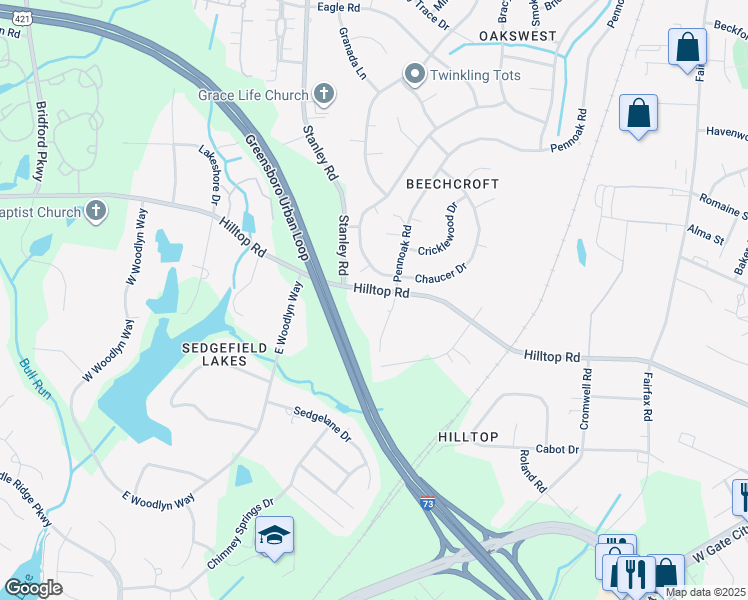map of restaurants, bars, coffee shops, grocery stores, and more near 4901 Chaucer Drive in Greensboro