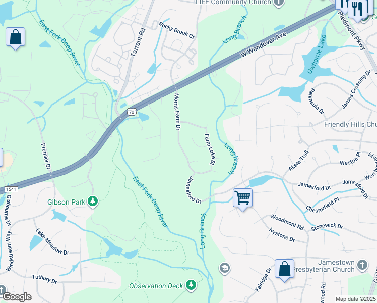 map of restaurants, bars, coffee shops, grocery stores, and more near 3400 Morris Farm Drive in Jamestown