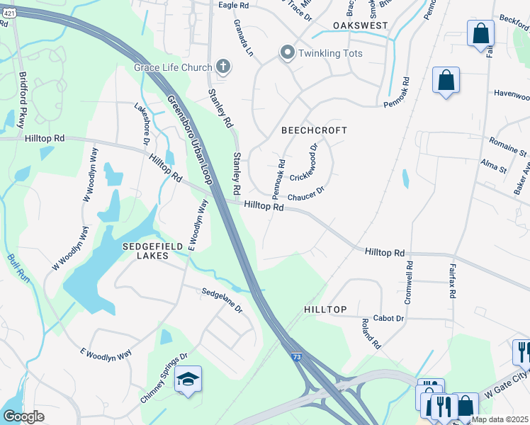 map of restaurants, bars, coffee shops, grocery stores, and more near 4700 Pennoak Lane in Greensboro