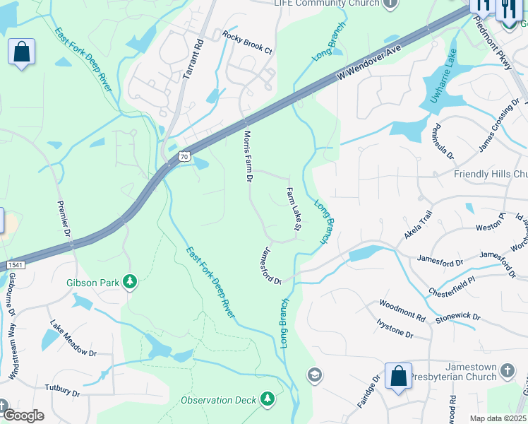 map of restaurants, bars, coffee shops, grocery stores, and more near 3400 Morris Farm Drive in Jamestown