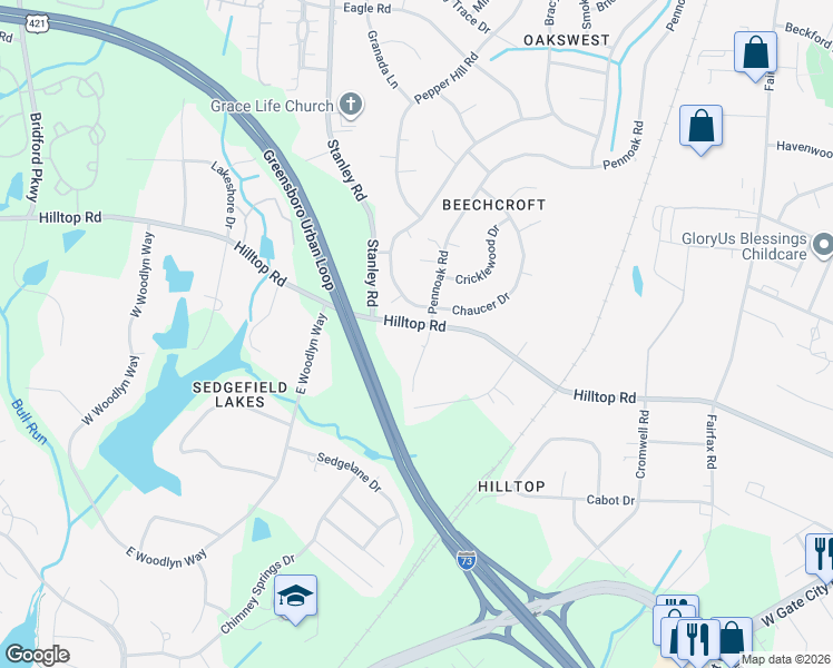 map of restaurants, bars, coffee shops, grocery stores, and more near 4700 Pennoak Lane in Greensboro