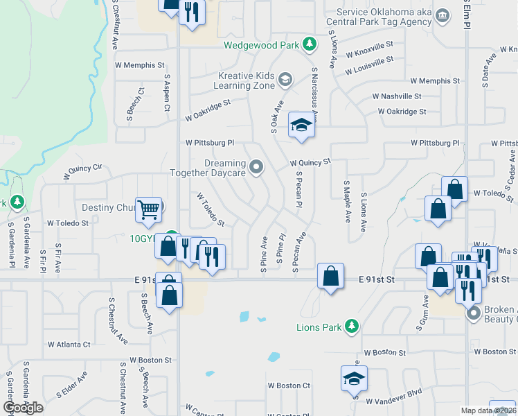 map of restaurants, bars, coffee shops, grocery stores, and more near 1708 South Poplar Avenue in Broken Arrow