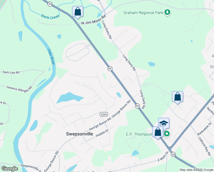 map of restaurants, bars, coffee shops, grocery stores, and more near 1502 Bentwood Drive in Graham