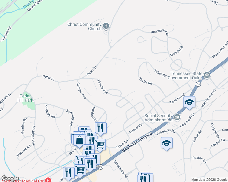 map of restaurants, bars, coffee shops, grocery stores, and more near 309 East Forest Lane in Oak Ridge