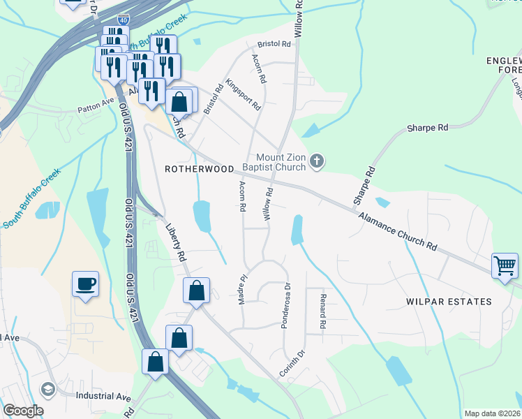 map of restaurants, bars, coffee shops, grocery stores, and more near in Greensboro