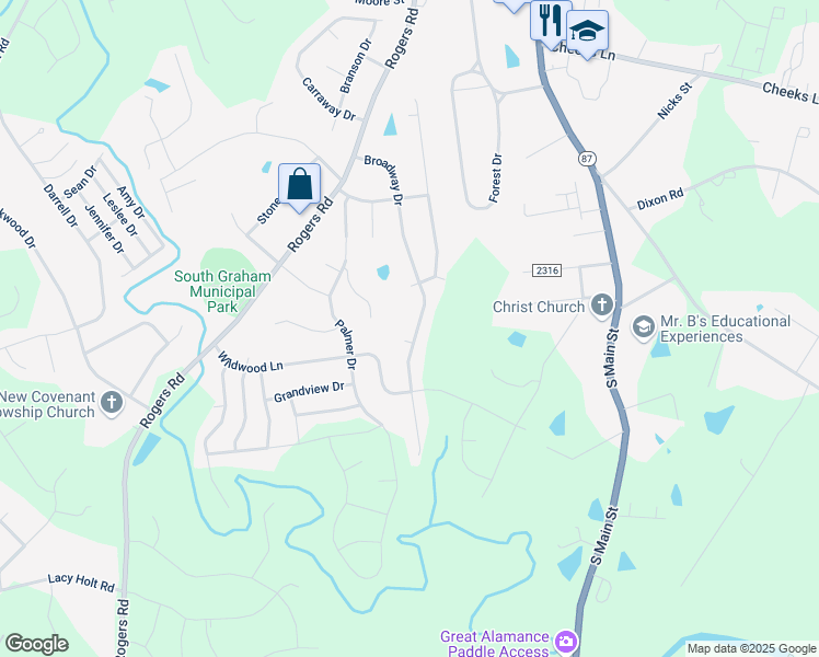 map of restaurants, bars, coffee shops, grocery stores, and more near 1811 Broadway Drive in Graham