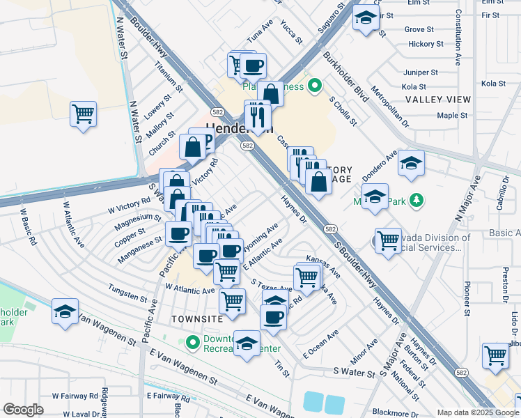 map of restaurants, bars, coffee shops, grocery stores, and more near 67 East Pacific Avenue in Henderson