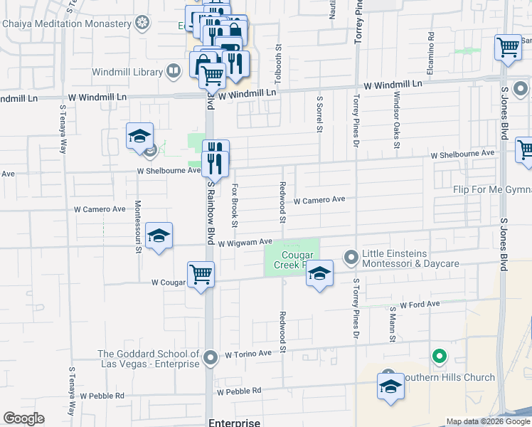 map of restaurants, bars, coffee shops, grocery stores, and more near 6771 Flamenco Court in Las Vegas
