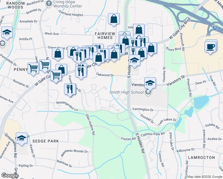 map of restaurants, bars, coffee shops, grocery stores, and more near Unnamed Road in Greensboro