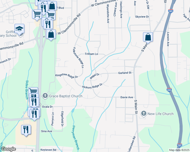 map of restaurants, bars, coffee shops, grocery stores, and more near 521 Regal Drive in Winston-Salem