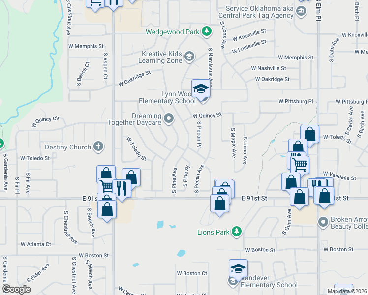 map of restaurants, bars, coffee shops, grocery stores, and more near 1669 South Poplar Avenue in Broken Arrow