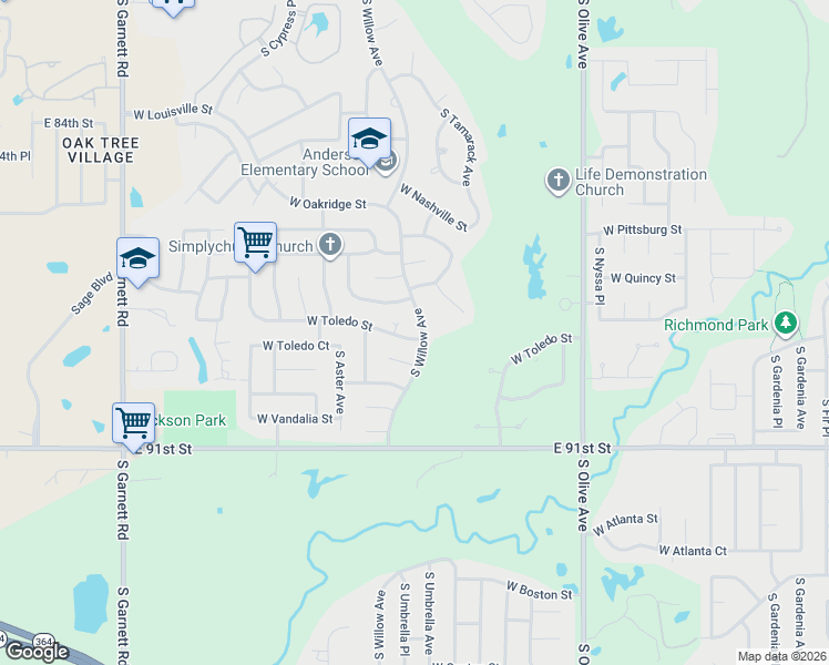 map of restaurants, bars, coffee shops, grocery stores, and more near 1805 South Willow Avenue in Broken Arrow