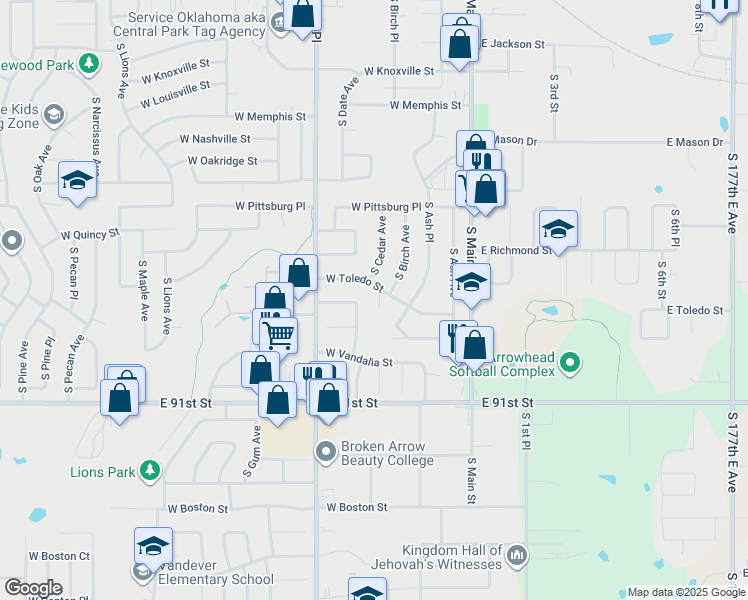 map of restaurants, bars, coffee shops, grocery stores, and more near 1666 South Birch Avenue in Broken Arrow