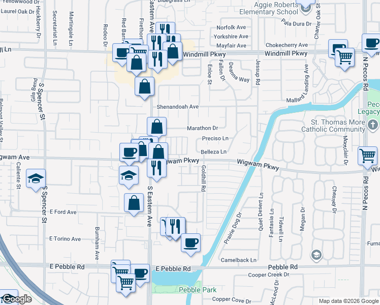 map of restaurants, bars, coffee shops, grocery stores, and more near 104 Boysenberry Lane in Henderson