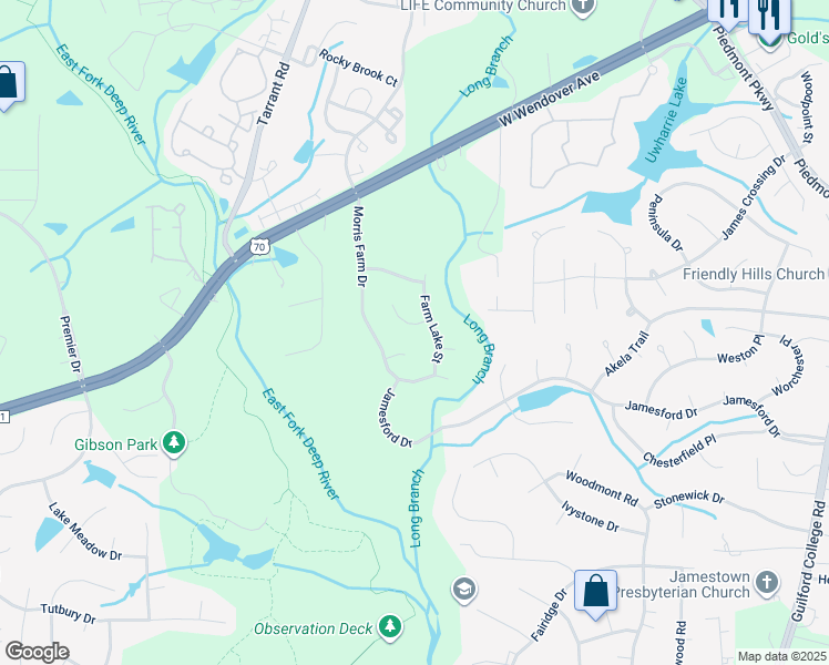 map of restaurants, bars, coffee shops, grocery stores, and more near 4415 Barndale Court in Jamestown