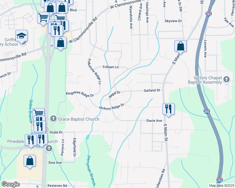 map of restaurants, bars, coffee shops, grocery stores, and more near 525 Regal Drive in Winston-Salem