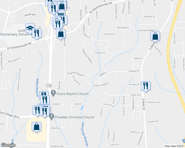 map of restaurants, bars, coffee shops, grocery stores, and more near 1110 Folkstone Ridge Lane in Winston-Salem