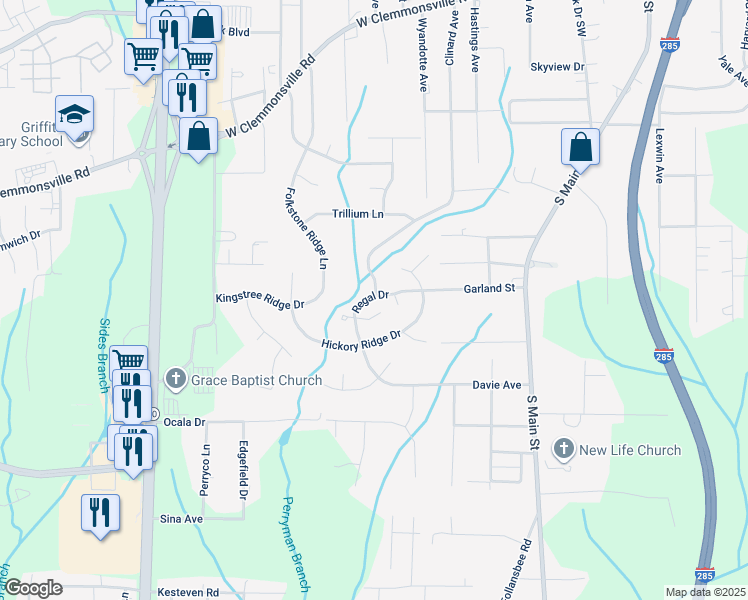 map of restaurants, bars, coffee shops, grocery stores, and more near 521 Regal Drive in Winston-Salem