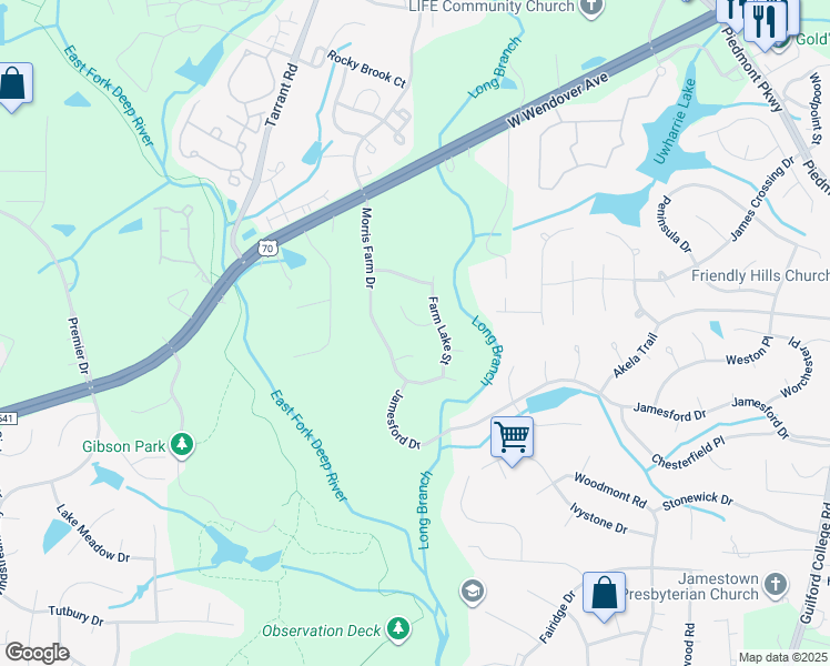 map of restaurants, bars, coffee shops, grocery stores, and more near 4413 Barndale Court in Jamestown