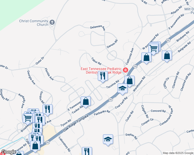 map of restaurants, bars, coffee shops, grocery stores, and more near 100 Thayer Lane in Oak Ridge