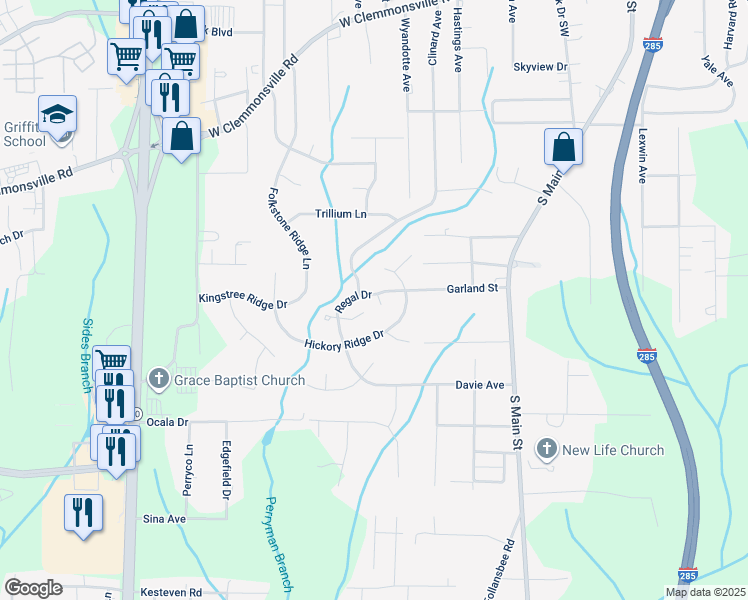 map of restaurants, bars, coffee shops, grocery stores, and more near 4609 Regal Court in Winston-Salem