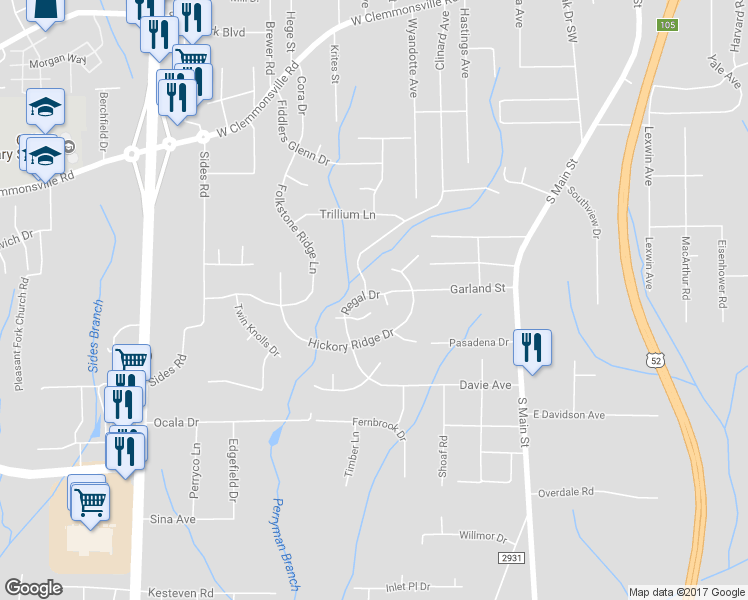 map of restaurants, bars, coffee shops, grocery stores, and more near 529 Regal Drive in Winston-Salem
