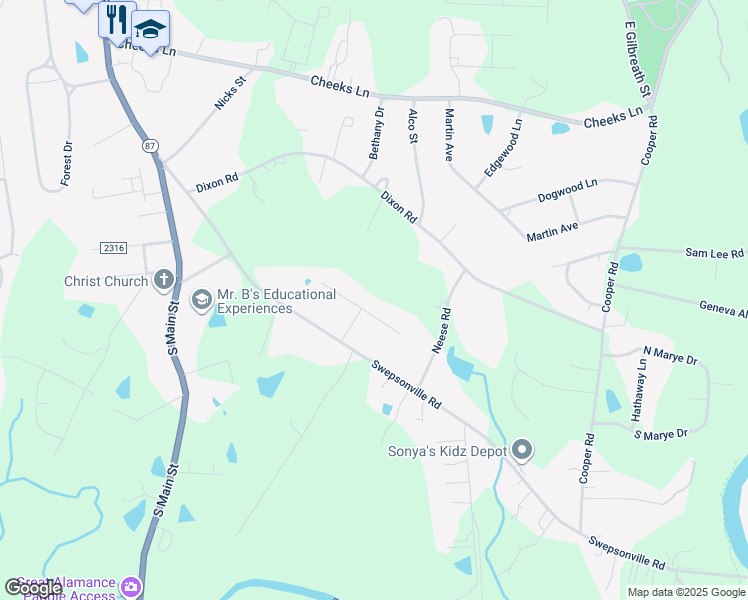 map of restaurants, bars, coffee shops, grocery stores, and more near 1900 Brier Lane in Graham