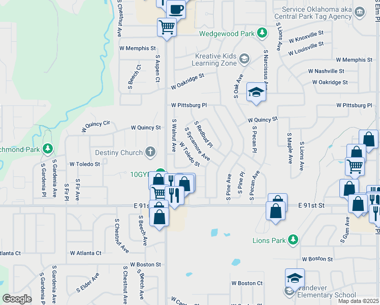 map of restaurants, bars, coffee shops, grocery stores, and more near 2014 West Toledo Street in Broken Arrow