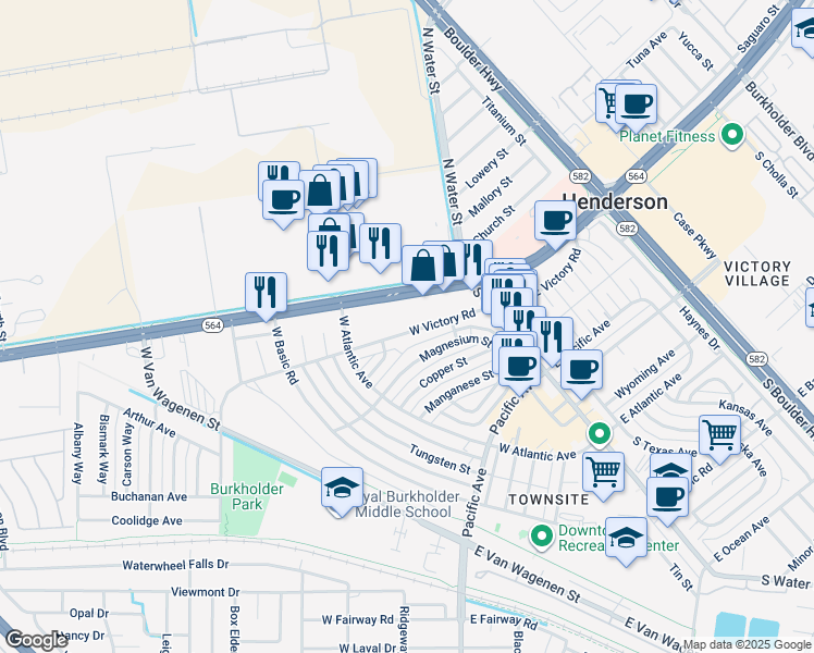 map of restaurants, bars, coffee shops, grocery stores, and more near 132 West Victory Road in Henderson