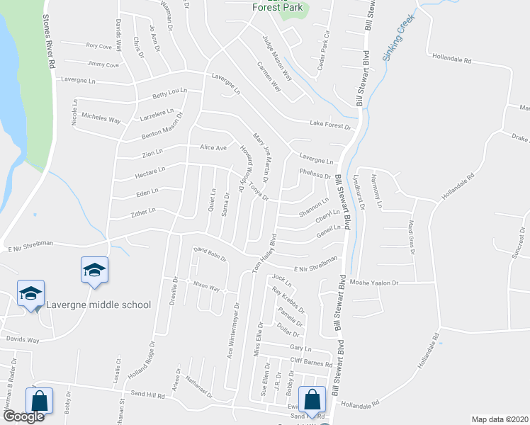 map of restaurants, bars, coffee shops, grocery stores, and more near 1013 Tammy Sue Lane in La Vergne